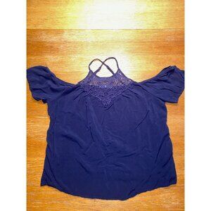 Womens No Comment Navy Blue Cold Shoulder Top With Lace Halter Neck Size Large